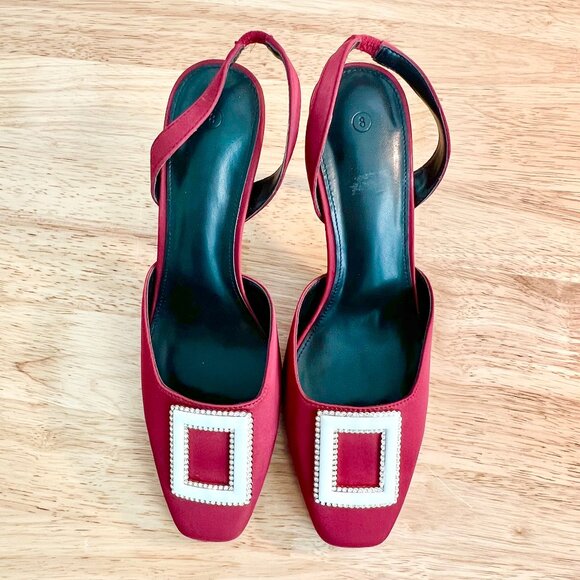 Women's 8US Jewel Tone Red Slingback Square Toe Buckle Embellished Stiletto Heel - Picture 5 of 8